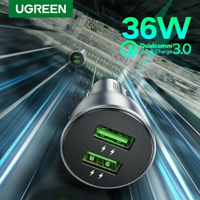 Tẩu sạc nhanh ô tô Ugreen 10144, QC3.0 36W 2 cổng USB - Hàng chính hãng